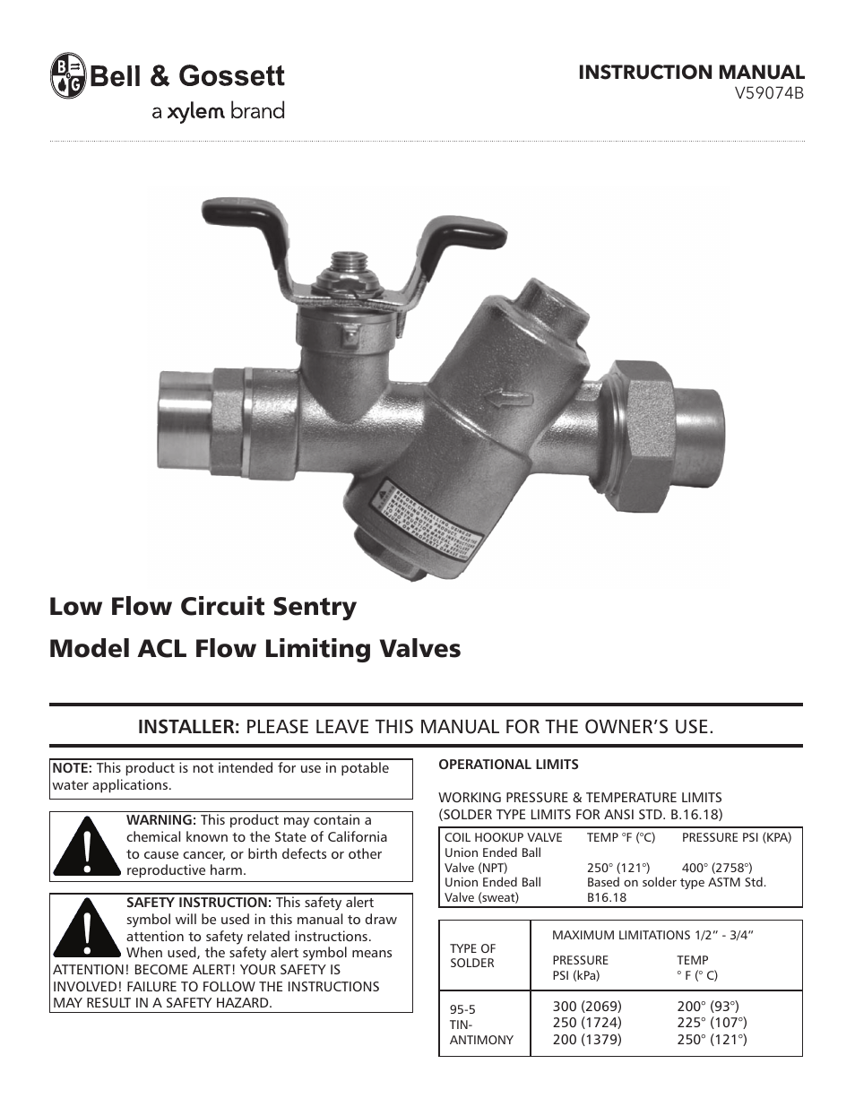 Bell & Gossett V59074B Low Flow Circuit Sentry Model ACL Flow Limiting Valves User Manual | 4 pages