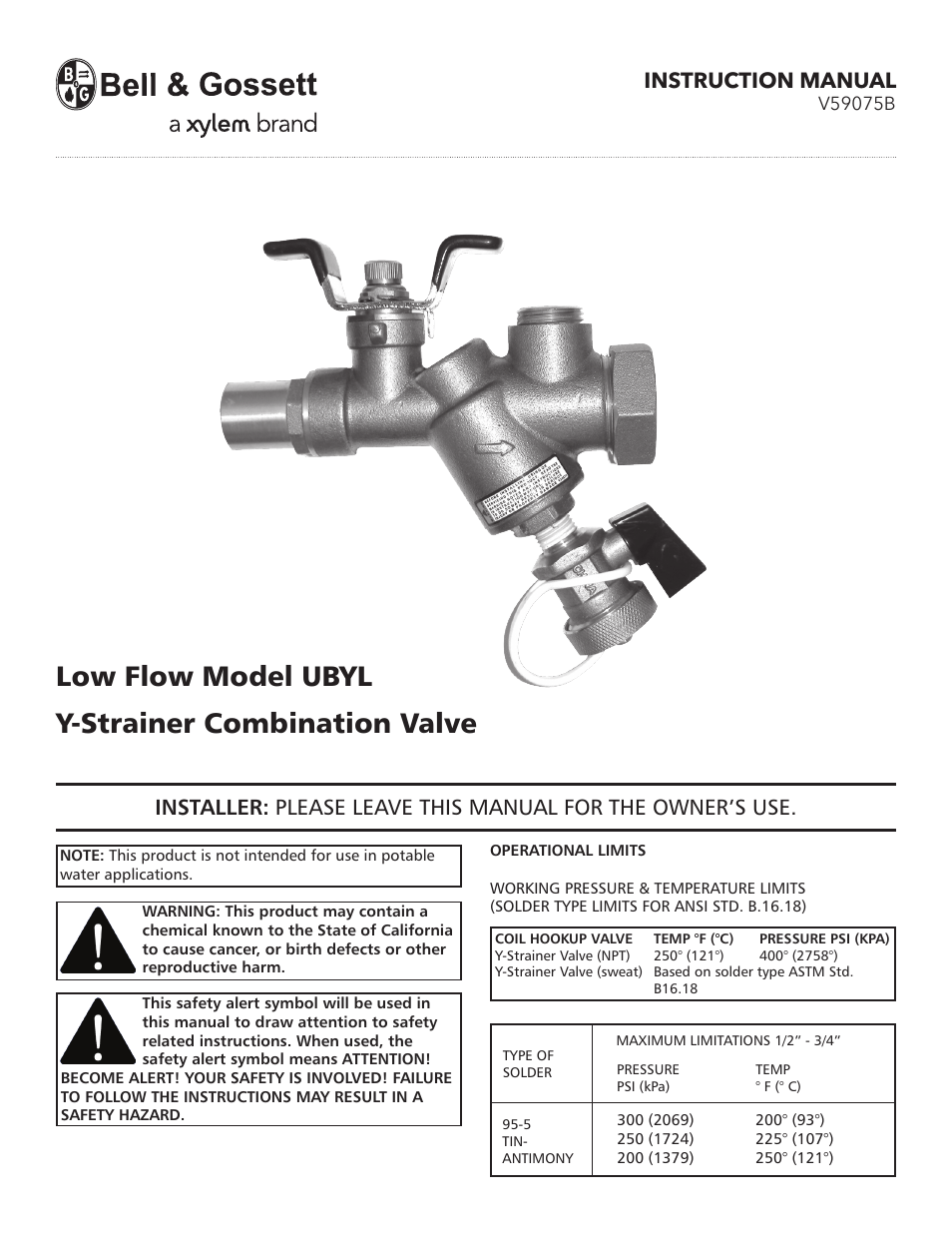 Bell & Gossett V59075B Low Flow Model UBYL Y-Strainer Combination Valve User Manual | 4 pages