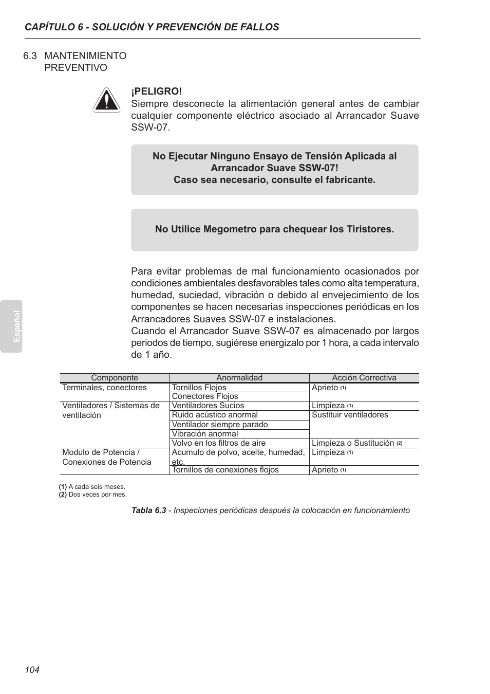 3 mantenimiento preventivo | Xylem SSW-07 Soft-Starter User Manual | Page 105 / 161