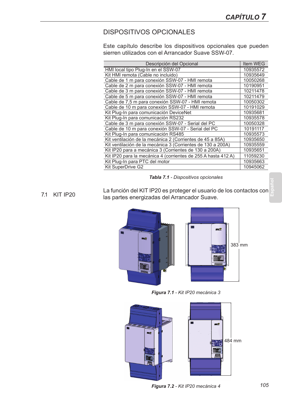 Dispositivos opcionales, 1 kit ip20, Capítulo | Xylem SSW-07 Soft-Starter User Manual | Page 106 / 161