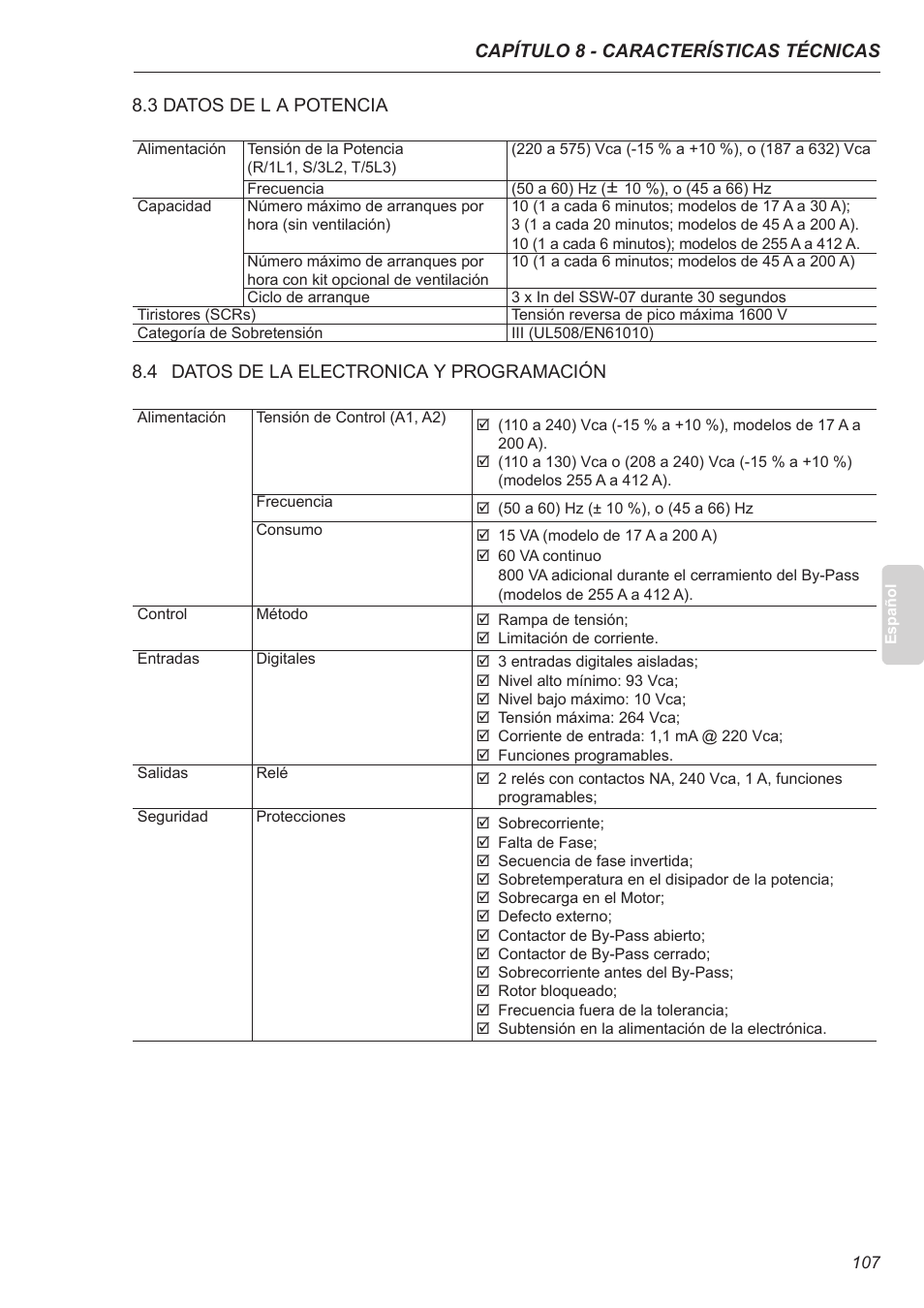 3 datos de la potencia, 4 datos de la electronica y programación | Xylem SSW-07 Soft-Starter User Manual | Page 108 / 161