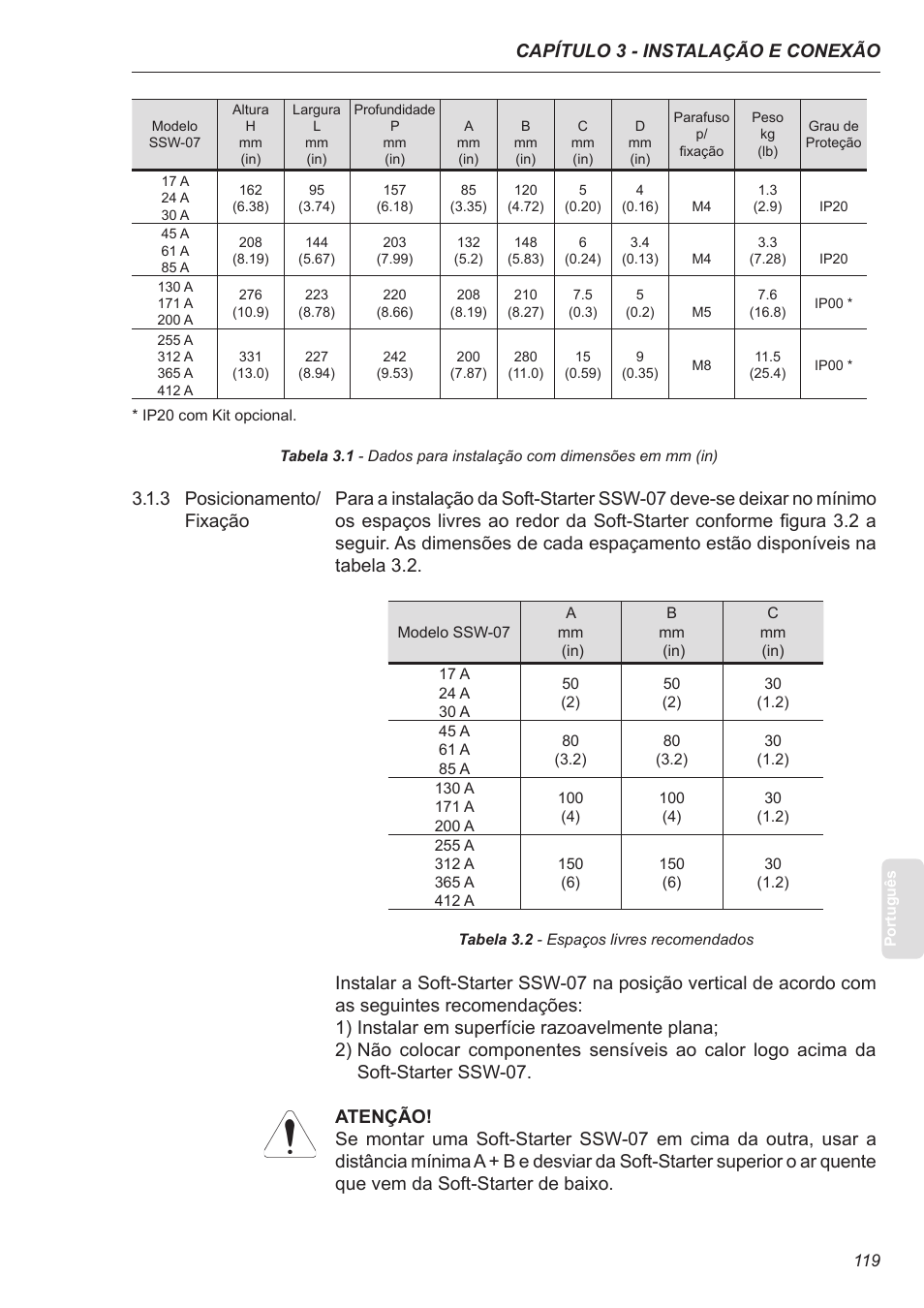 3 posicionamento/fixação, Capítulo 3 - instalação e conexão | Xylem SSW-07 Soft-Starter User Manual | Page 119 / 161