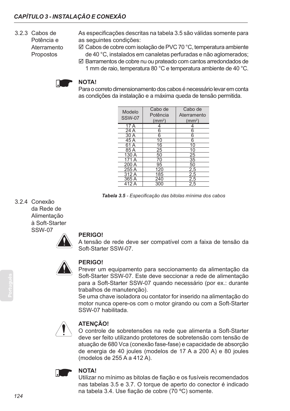 3 cabos de potência e aterramento propostos | Xylem SSW-07 Soft-Starter User Manual | Page 124 / 161