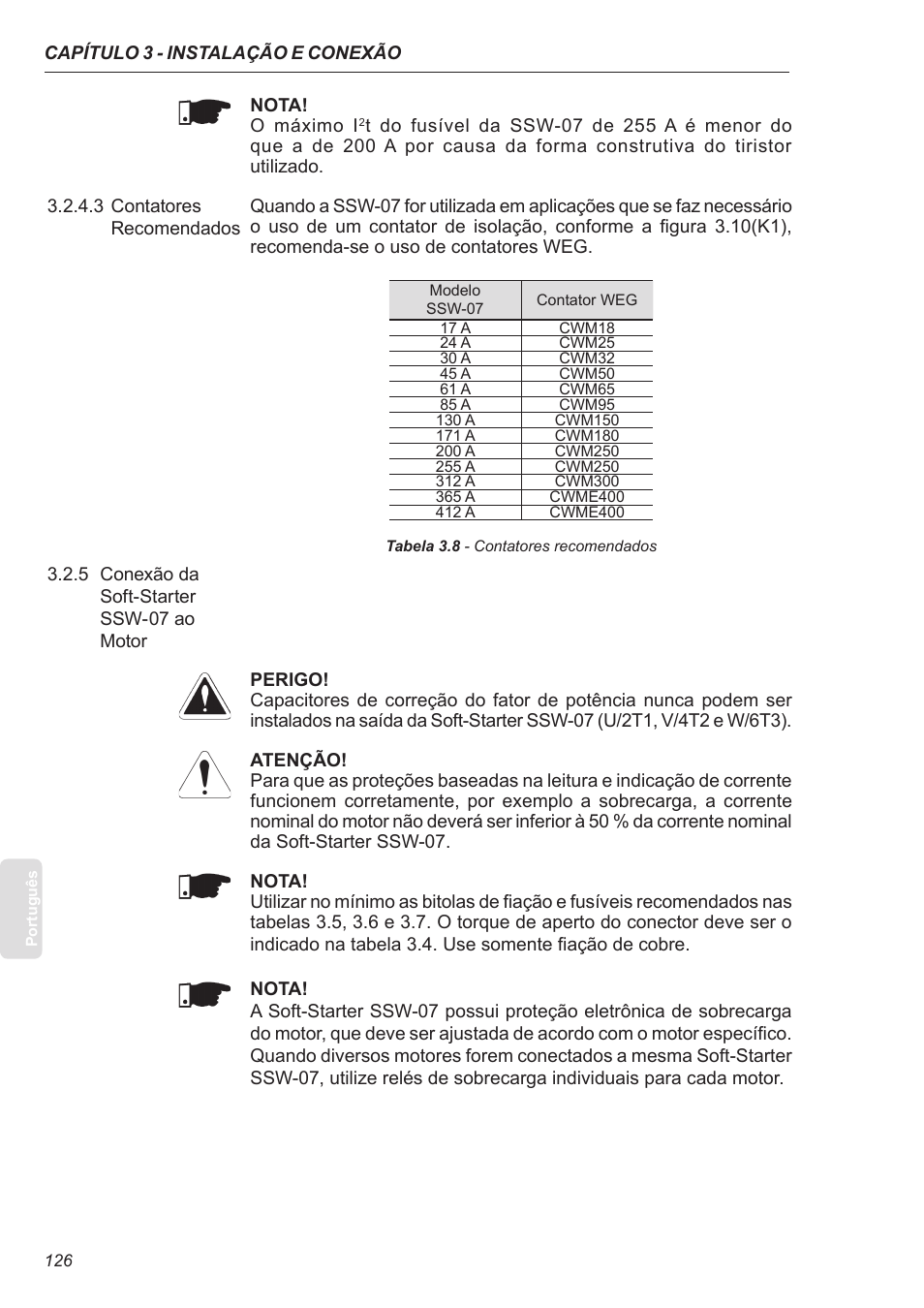 3 contatores recomendados, 5 conexão da soft-starter ssw-07 ao motor | Xylem SSW-07 Soft-Starter User Manual | Page 126 / 161