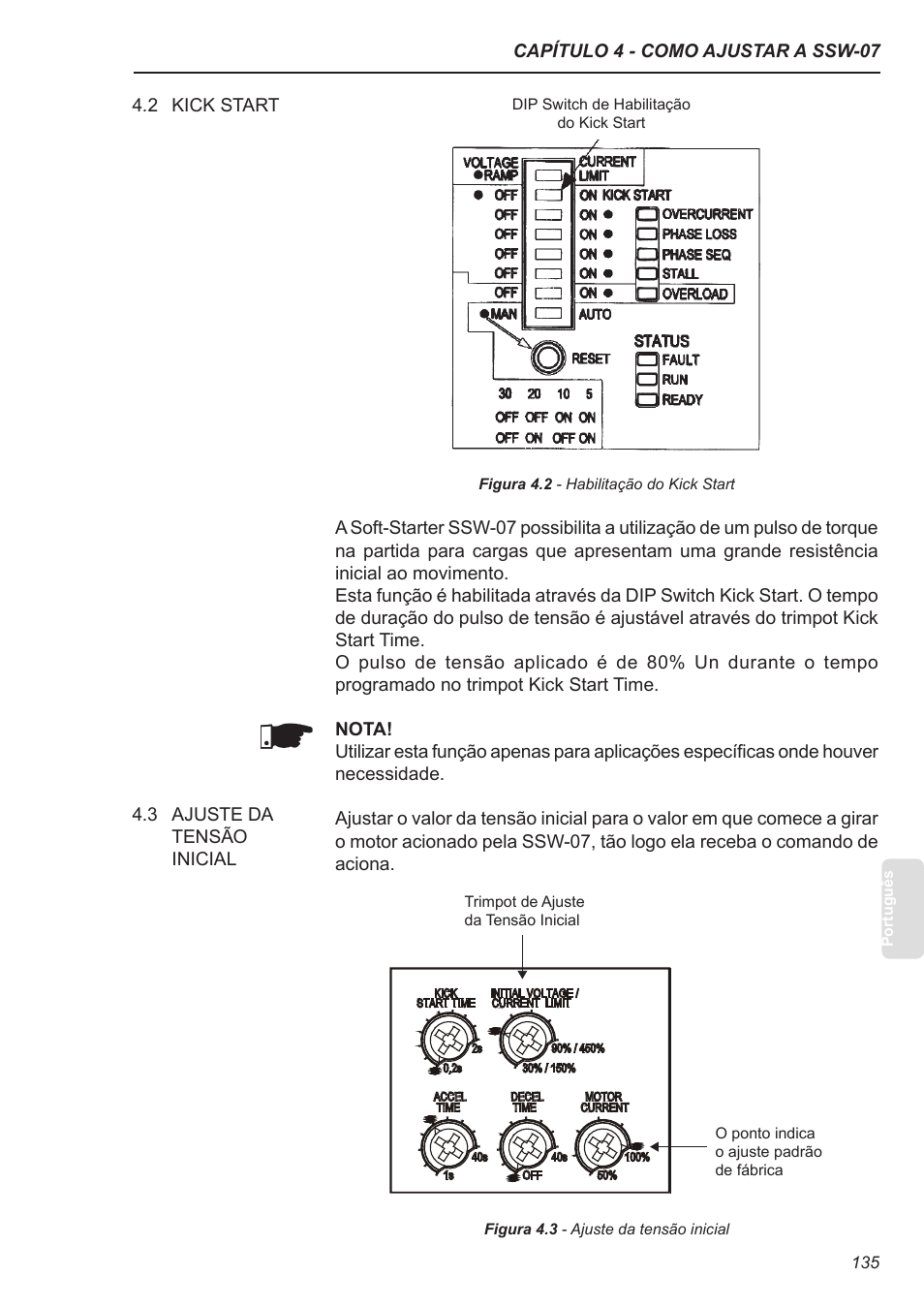 2 kick start, 3 ajuste da tensão inicial | Xylem SSW-07 Soft-Starter User Manual | Page 135 / 161