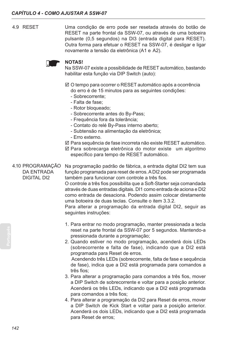 9 reset, 10 programação da entrada digital di2 | Xylem SSW-07 Soft-Starter User Manual | Page 142 / 161