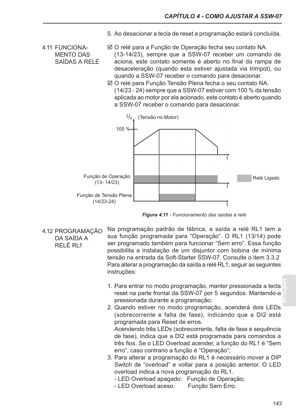 11 funcionamento das saídas a relé, 12 programação da saída a relé rl1 | Xylem SSW-07 Soft-Starter User Manual | Page 143 / 161