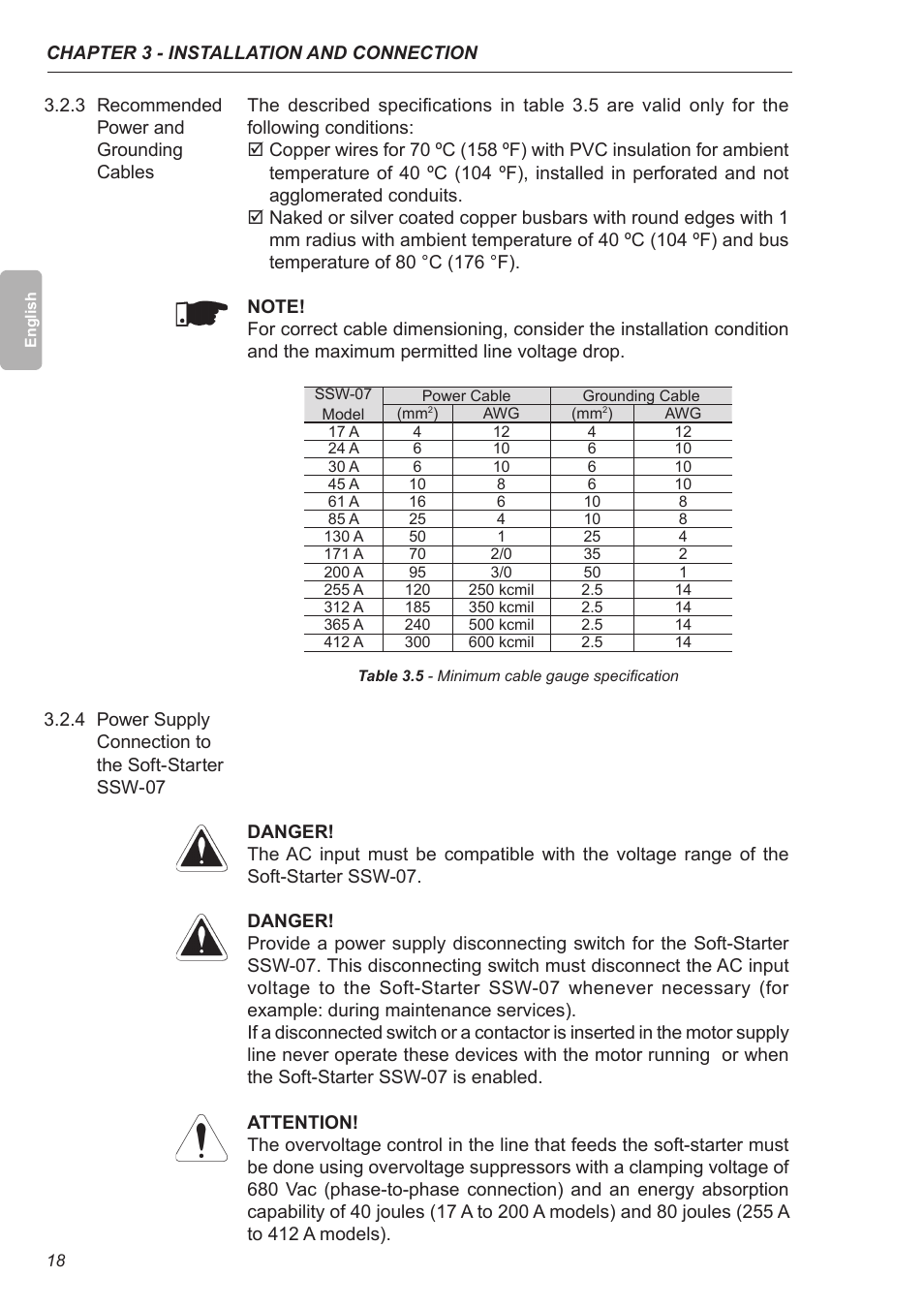 3 recommended power and grounding cables | Xylem SSW-07 Soft-Starter User Manual | Page 19 / 161