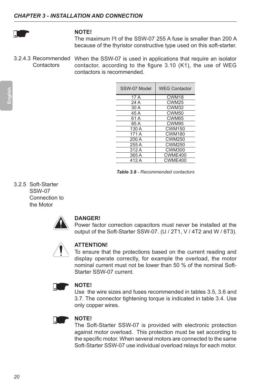 3 recommended contactors, 5 soft-starter ssw-07 connection to the motor | Xylem SSW-07 Soft-Starter User Manual | Page 21 / 161