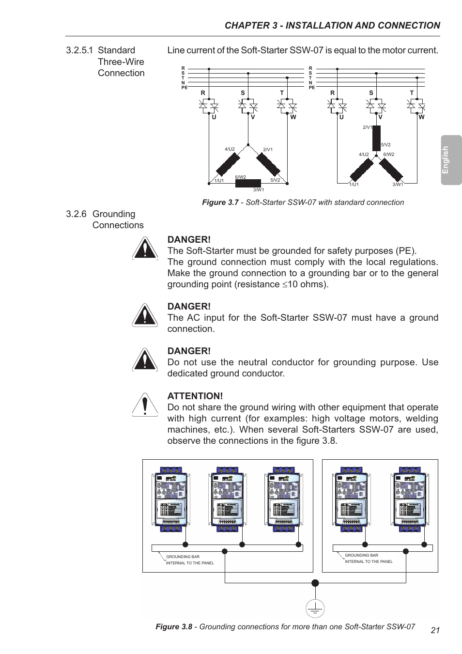 1 standard three-wire connection, 6 grounding connections, Chapter 3 - installation and connection | Xylem SSW-07 Soft-Starter User Manual | Page 22 / 161