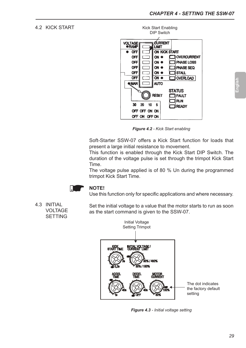 2 kick start, 3 initial voltage setting | Xylem SSW-07 Soft-Starter User Manual | Page 30 / 161