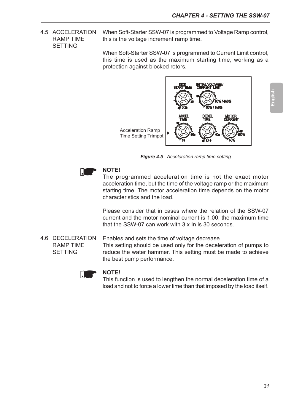 5 acceleration ramp time setting, 6 deceleration ramp time setting | Xylem SSW-07 Soft-Starter User Manual | Page 32 / 161