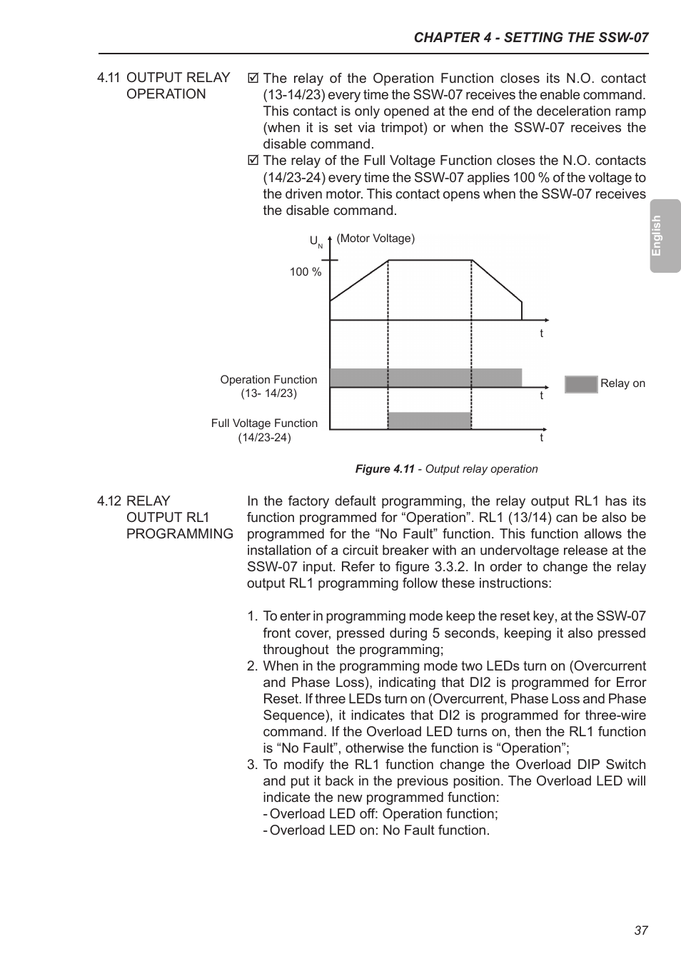 11 output relay operation, 12 relay output rl1 programming | Xylem SSW-07 Soft-Starter User Manual | Page 38 / 161