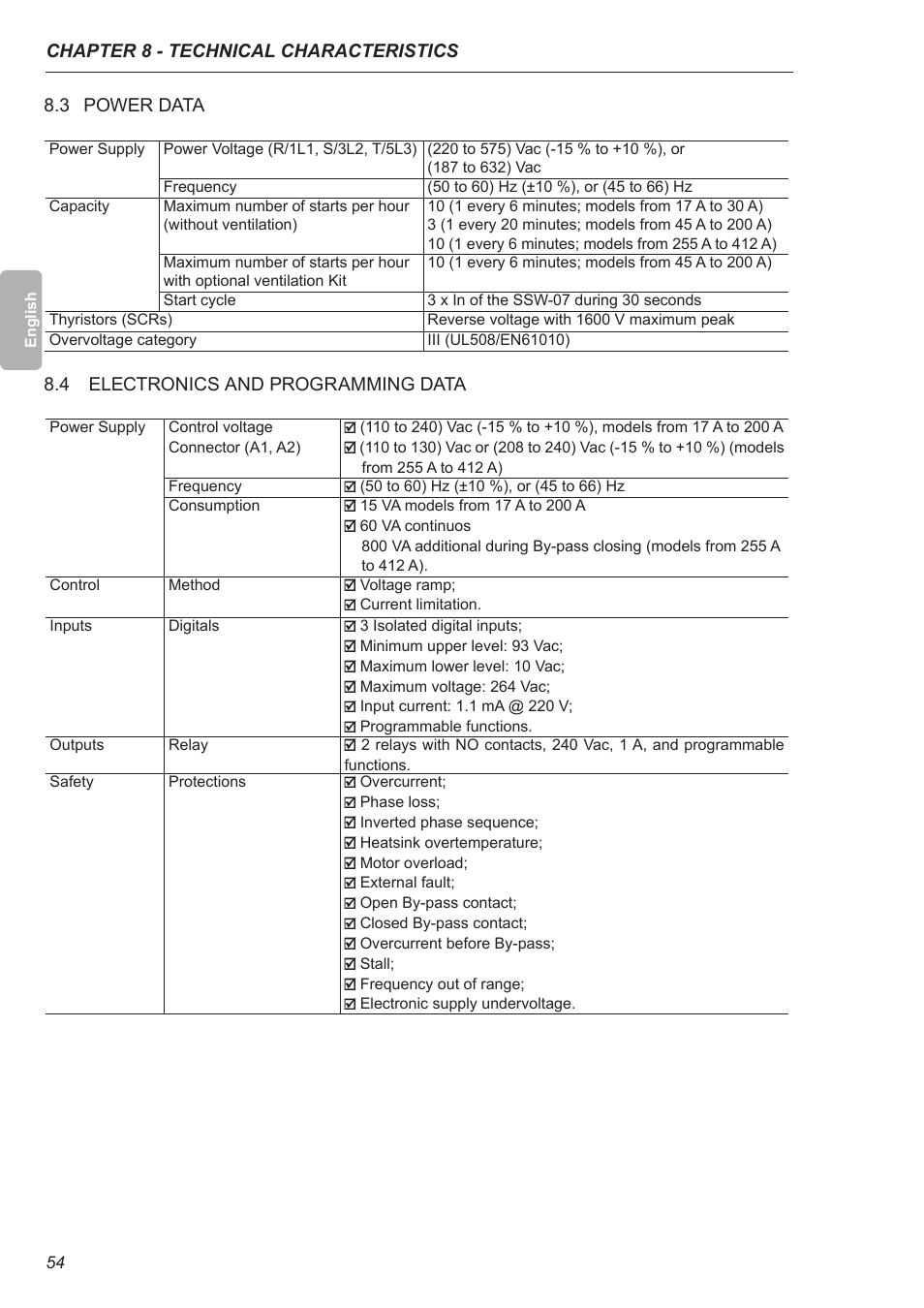 3 power data, 4 electronics and programming data | Xylem SSW-07 Soft-Starter User Manual | Page 55 / 161