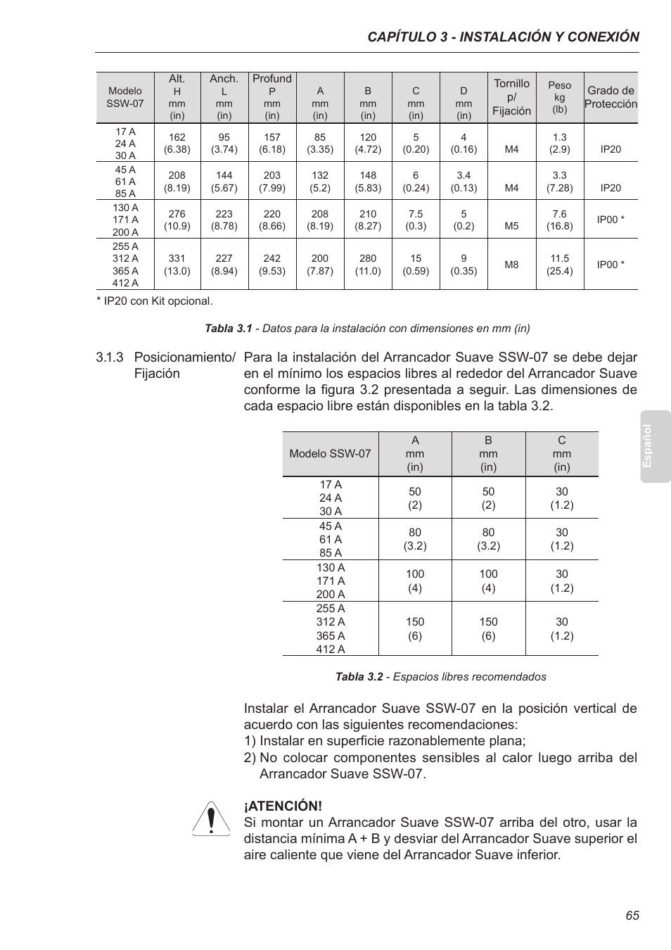 3 posicionamiento/fijación, Capítulo 3 - instalación y conexión | Xylem SSW-07 Soft-Starter User Manual | Page 66 / 161