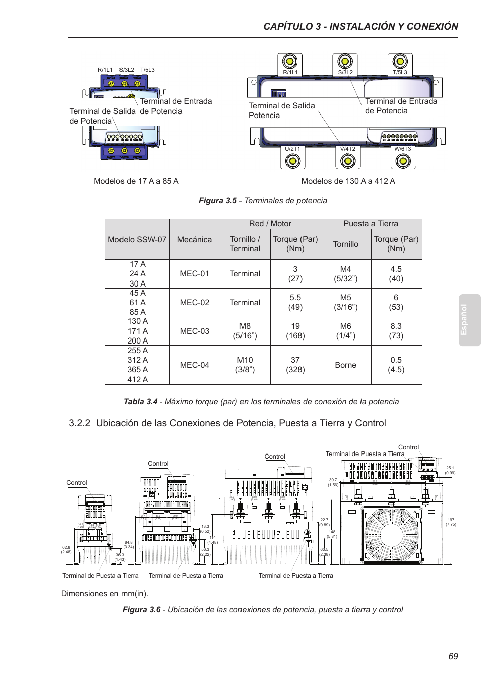 Capítulo 3 - instalación y conexión, Dimensiones en mm(in) | Xylem SSW-07 Soft-Starter User Manual | Page 70 / 161