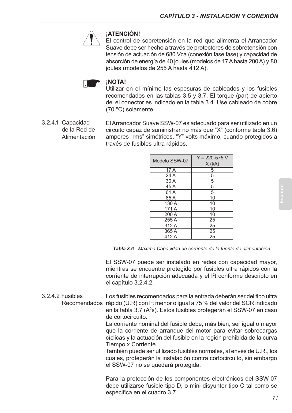 1 capacidad de la red de alimentación, 2 fusibles recomendados | Xylem SSW-07 Soft-Starter User Manual | Page 72 / 161