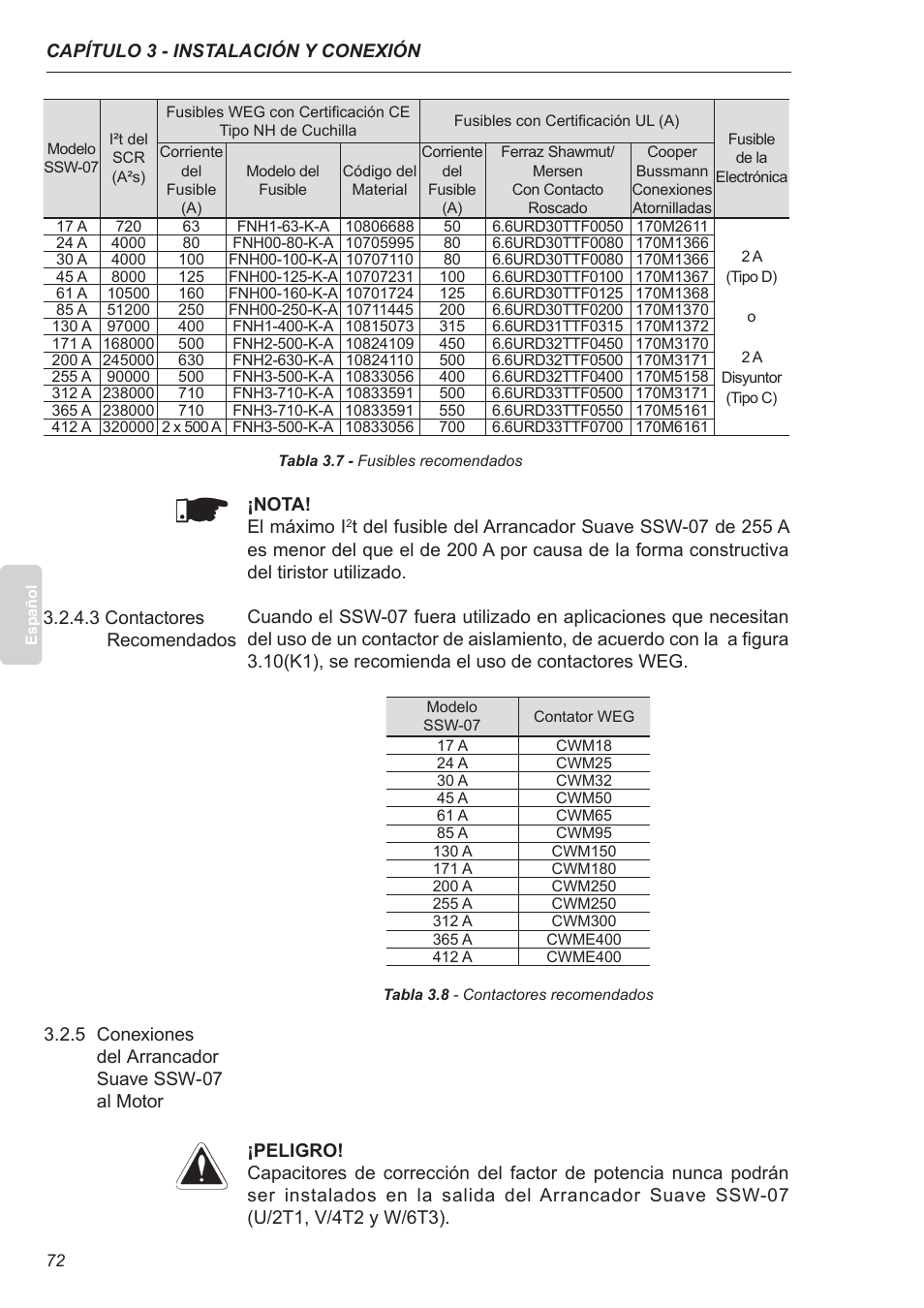 3 contactores recomendados, 5 conexiones del arrancador suave ssw-07 al motor | Xylem SSW-07 Soft-Starter User Manual | Page 73 / 161