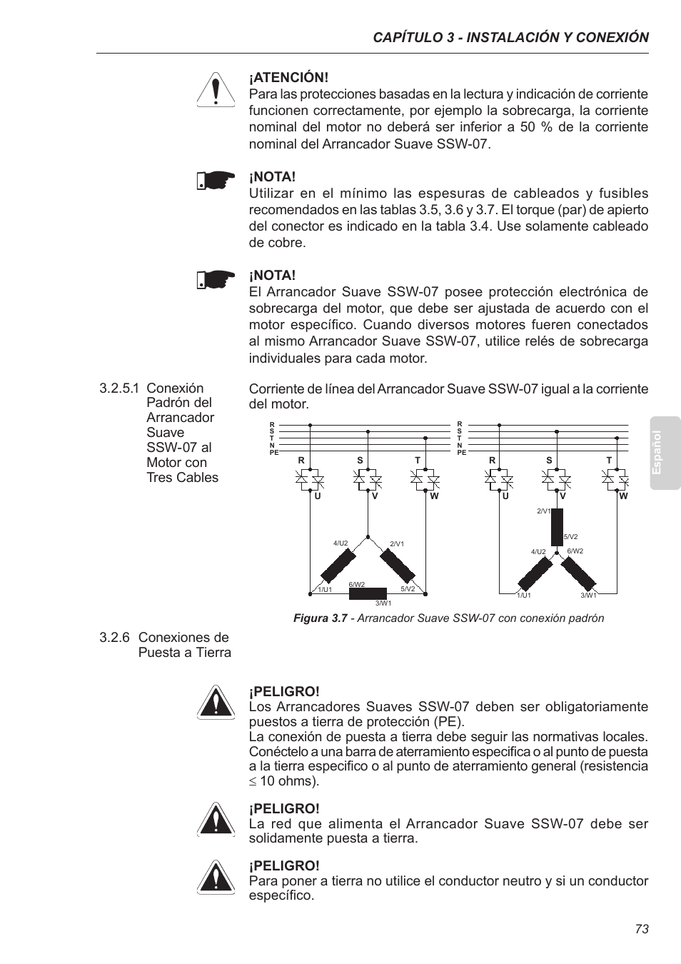 6 conexiones de puesta a tierra, Capítulo 3 - instalación y conexión | Xylem SSW-07 Soft-Starter User Manual | Page 74 / 161