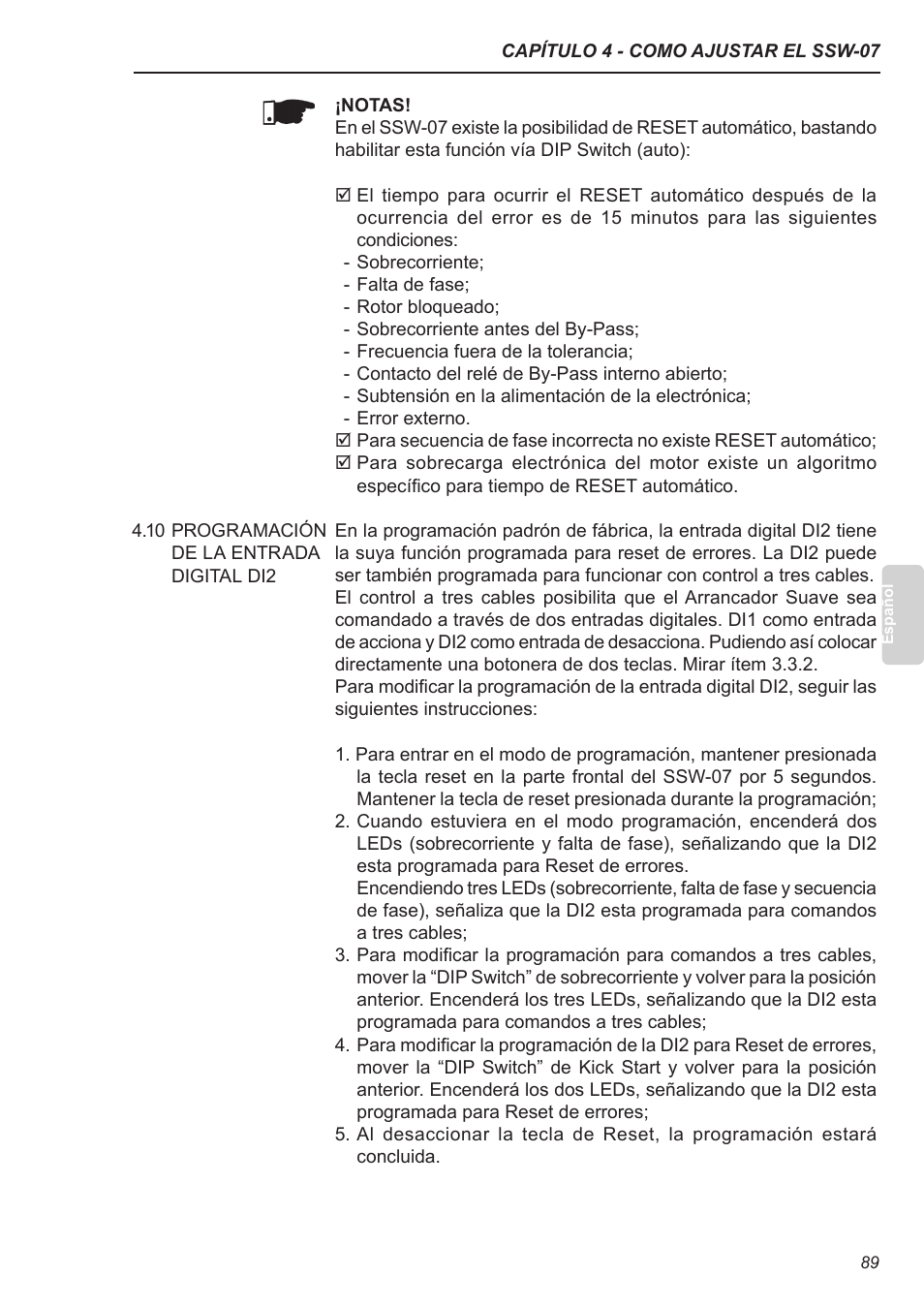 10 programación de la entrada digital di2 | Xylem SSW-07 Soft-Starter User Manual | Page 90 / 161