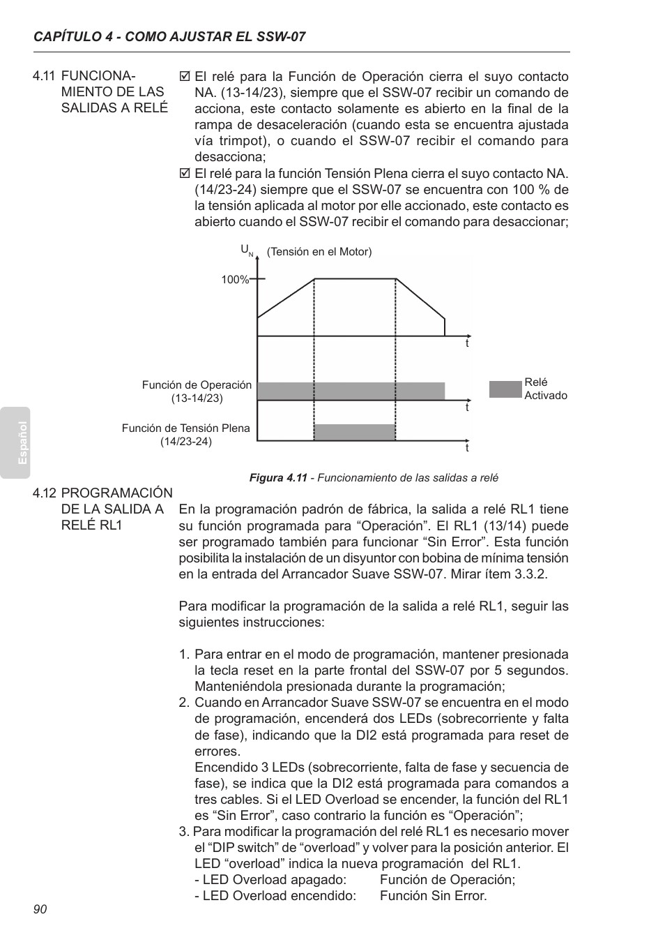 11 funcionamiento de las salidas a relé, 12 programación de la salida a relé rl1 | Xylem SSW-07 Soft-Starter User Manual | Page 91 / 161