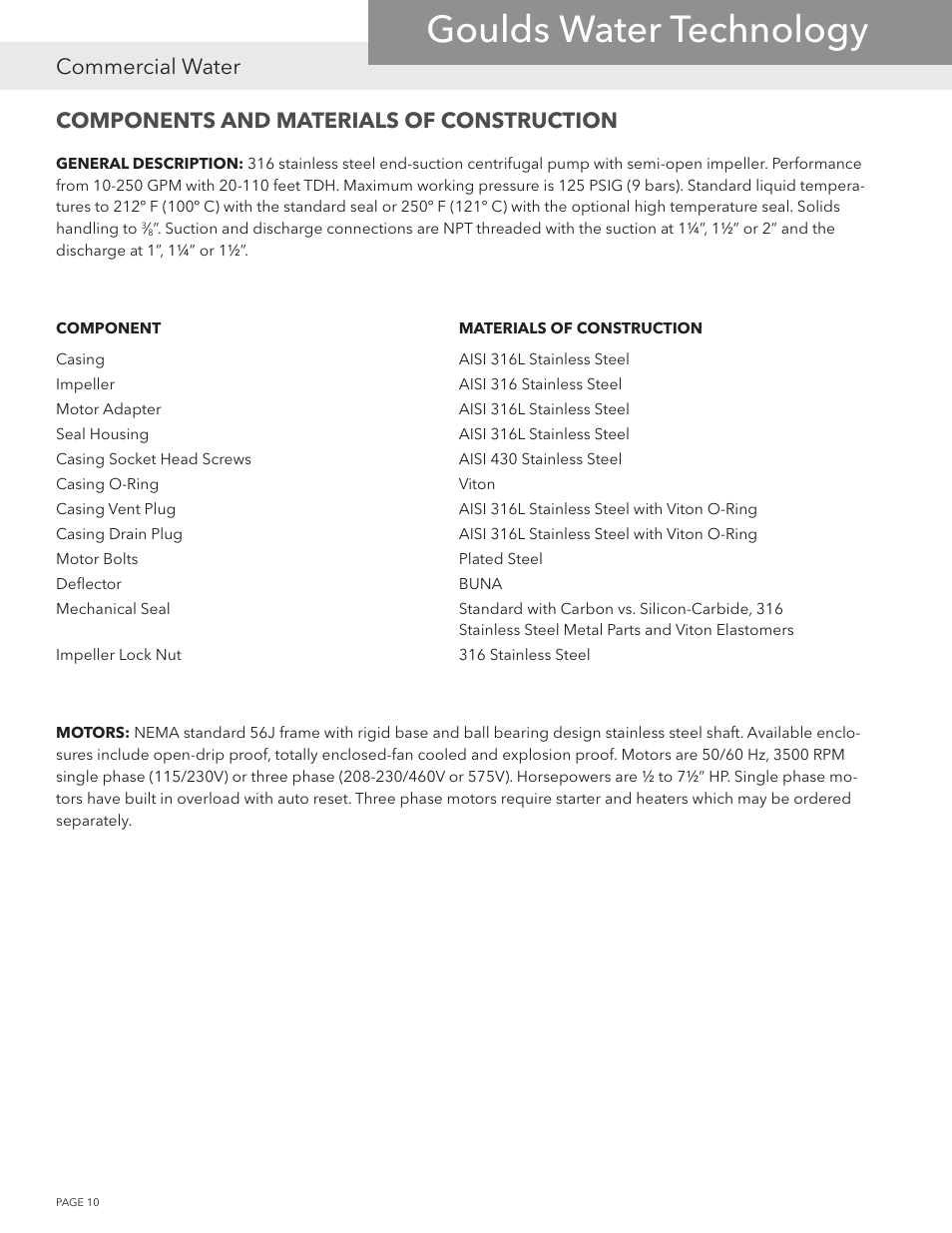 Goulds water technology, Commercial water, Components and materials of construction | Xylem NPOPTM NPO Product Training Manual User Manual | Page 10 / 28