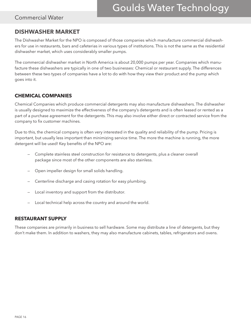 Goulds water technology, Commercial water, Dishwasher market | Xylem NPOPTM NPO Product Training Manual User Manual | Page 16 / 28