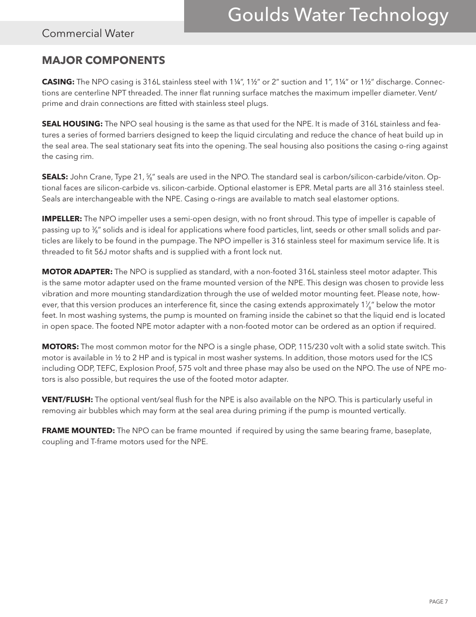 Goulds water technology, Commercial water, Major components | Xylem NPOPTM NPO Product Training Manual User Manual | Page 7 / 28