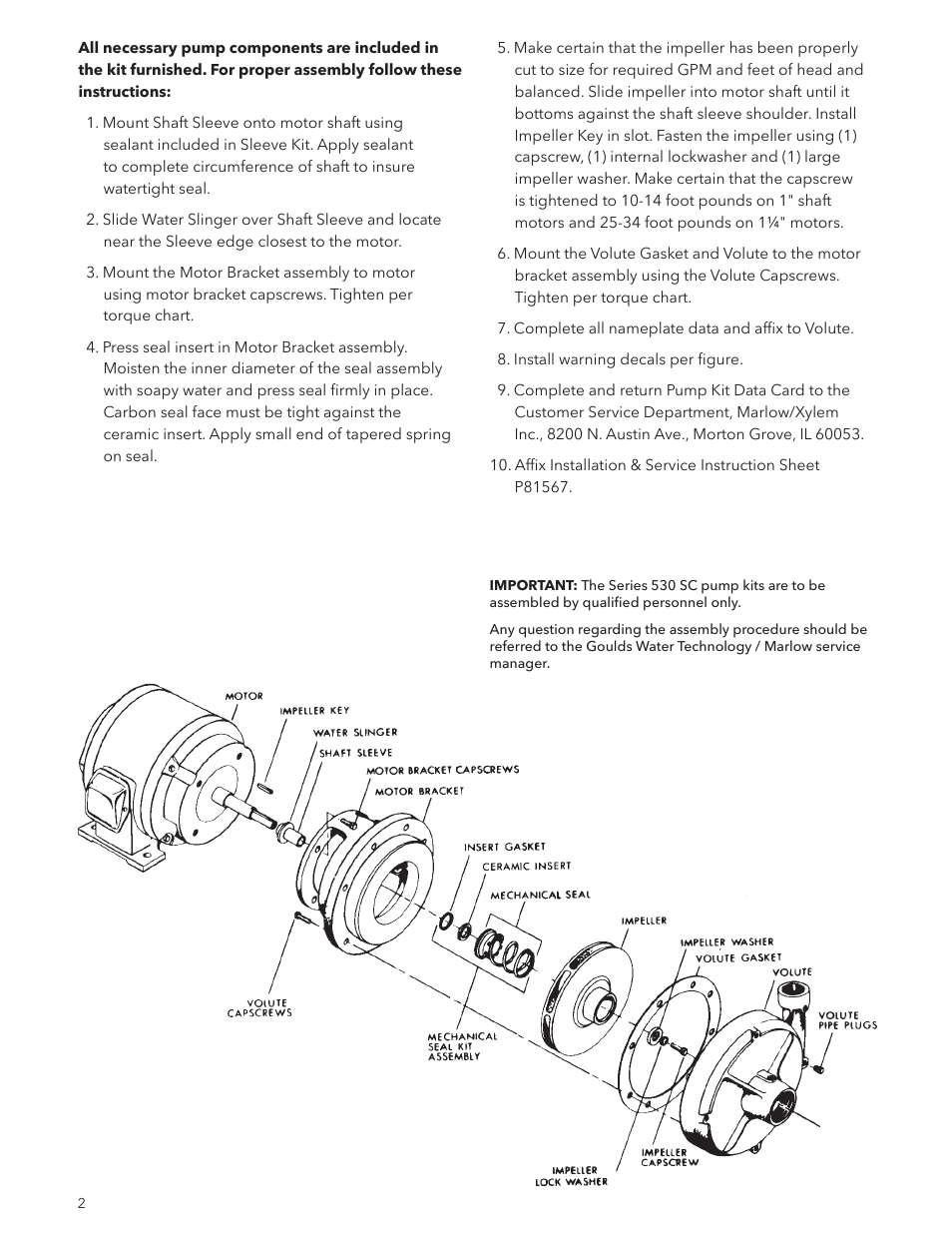 Xylem P2000515 Marlow Series 530 SC Close Coupled Base Mounted Centrifugal Pump Kits User Manual | Page 2 / 4