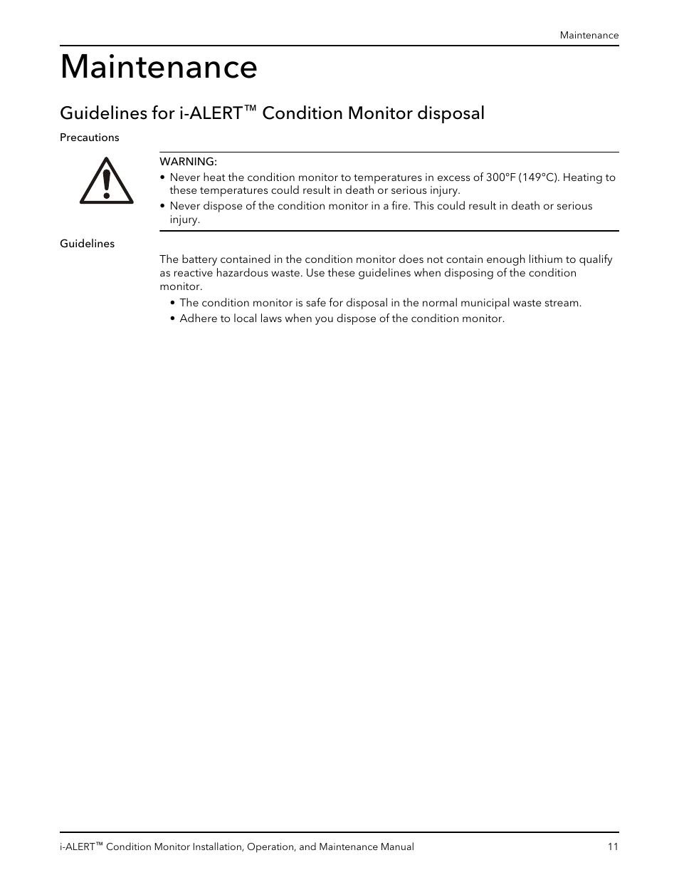 P2000714b-11-12, Maintenance, Guidelines for i-alert™ condition monitor disposal | Guidelines for i-alert, Condition monitor disposal | Xylem P2000714B i-ALERT Condition Monitor User Manual | Page 13 / 18