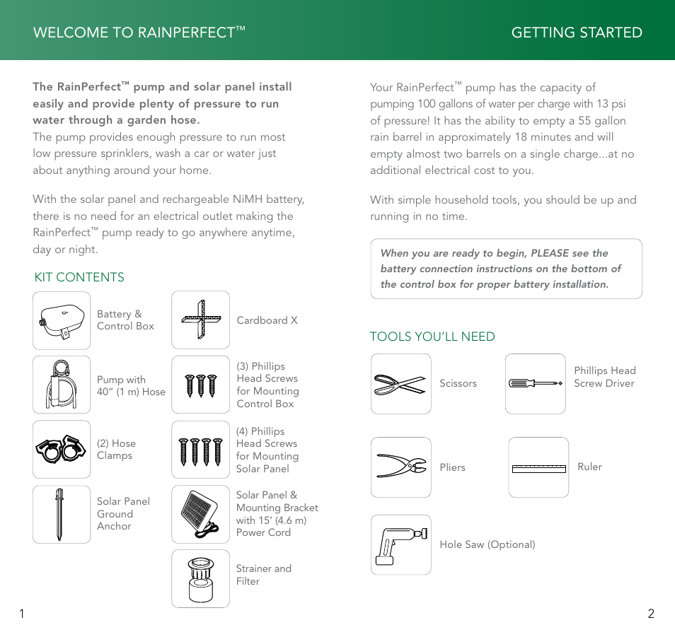 Getting started, Welcome to rainperfect | Xylem RainPerfect Solar Powered Rain Barrel Pump System User Manual | Page 2 / 7