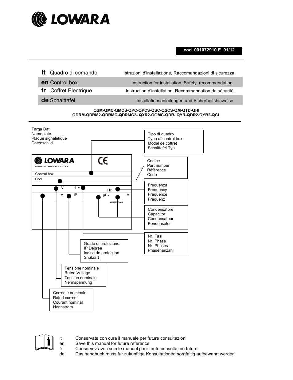 Control box, Schalttafel, Quadro di comando | Coffret electrique | Xylem Control Panels QSM, QM(P,S)C, QD(Y)R, QGM, QCL, QXR, QHI User Manual | Page 2 / 4