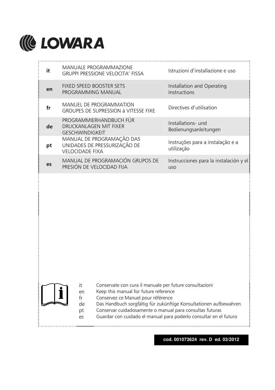 Xylem Fixed speed booster sets programming manual/Electronic control board SM30 User Manual | 168 pages