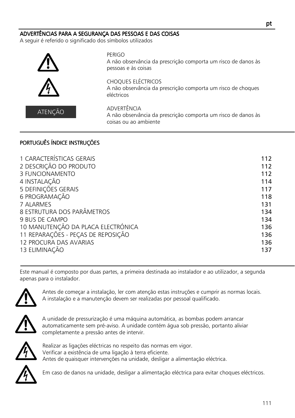 Xylem Fixed speed booster sets programming manual/Electronic control board SM30 User Manual | Page 111 / 168