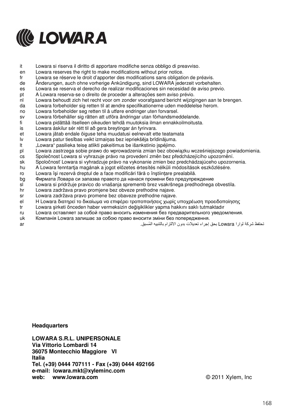 Xylem Fixed speed booster sets programming manual/Electronic control board SM30 User Manual | Page 168 / 168