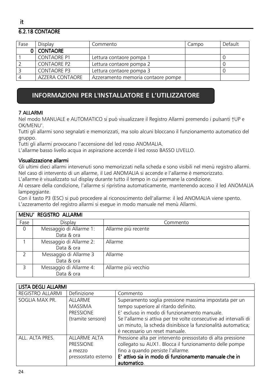 Informazioni per l'installatore e l’utilizzatore | Xylem Fixed speed booster sets programming manual/Electronic control board SM30 User Manual | Page 24 / 168