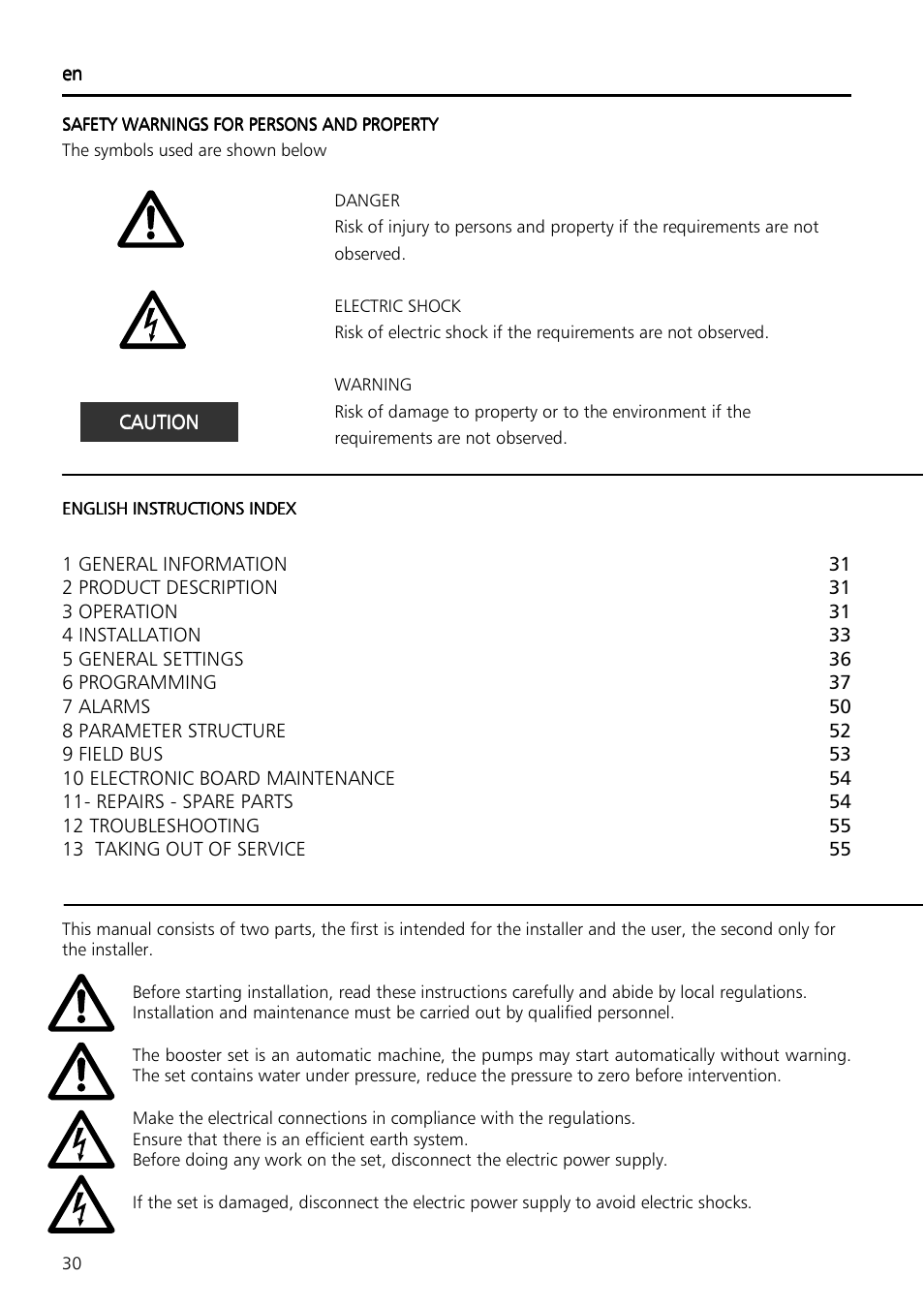 Xylem Fixed speed booster sets programming manual/Electronic control board SM30 User Manual | Page 30 / 168
