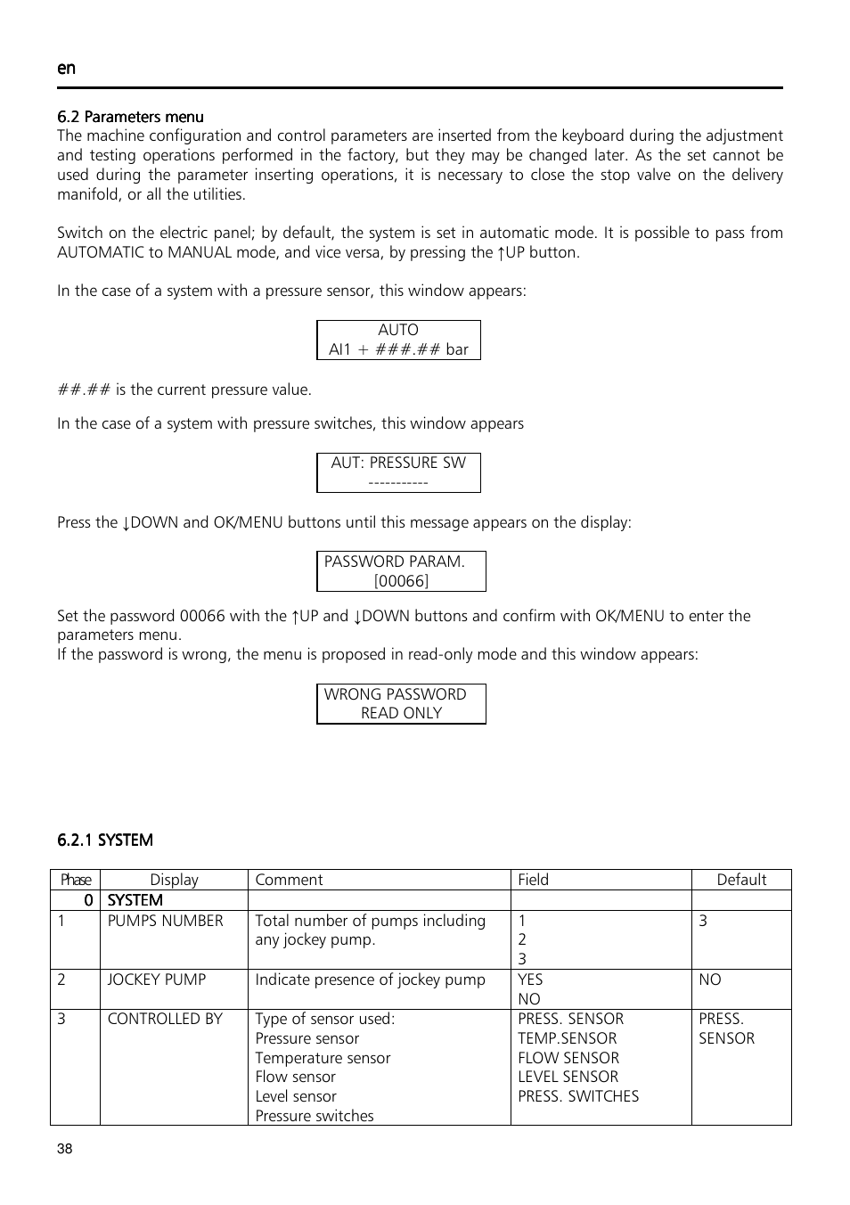 Xylem Fixed speed booster sets programming manual/Electronic control board SM30 User Manual | Page 38 / 168