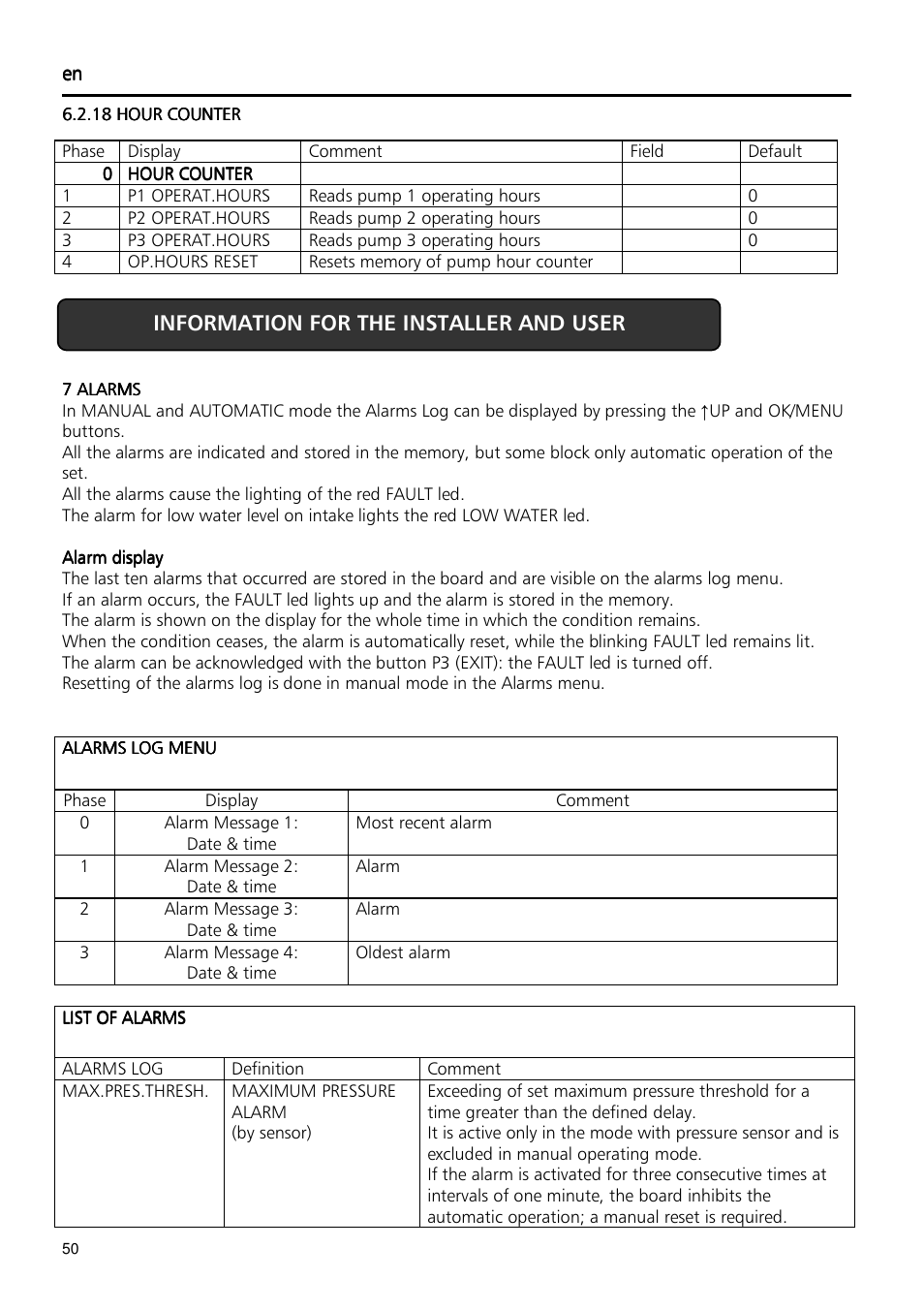 Xylem Fixed speed booster sets programming manual/Electronic control board SM30 User Manual | Page 50 / 168