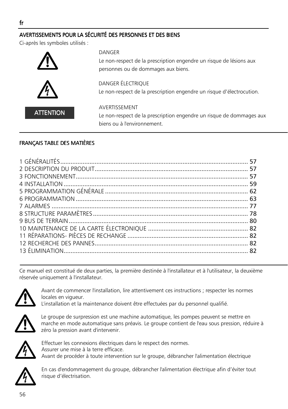 Xylem Fixed speed booster sets programming manual/Electronic control board SM30 User Manual | Page 56 / 168