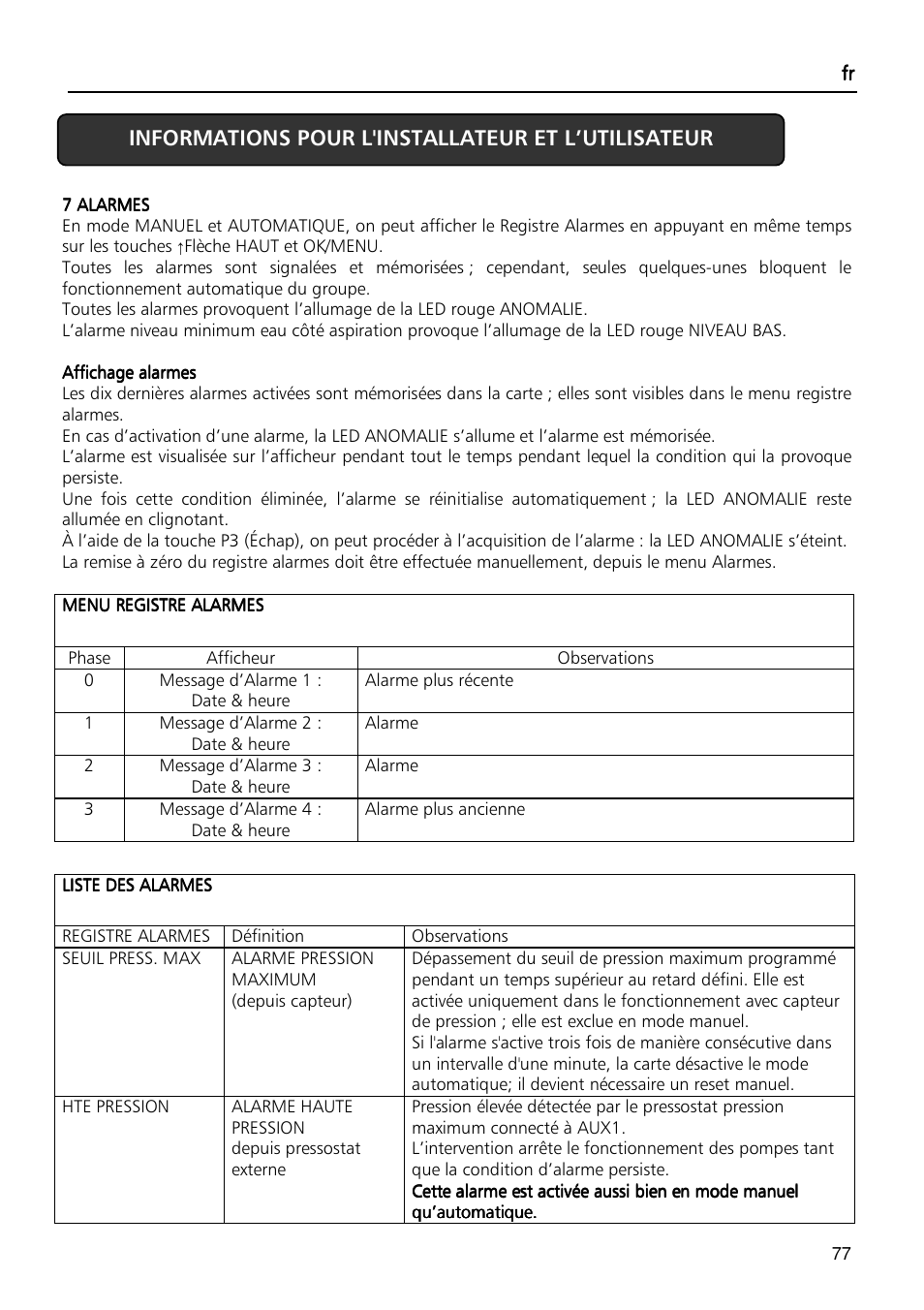 Xylem Fixed speed booster sets programming manual/Electronic control board SM30 User Manual | Page 77 / 168