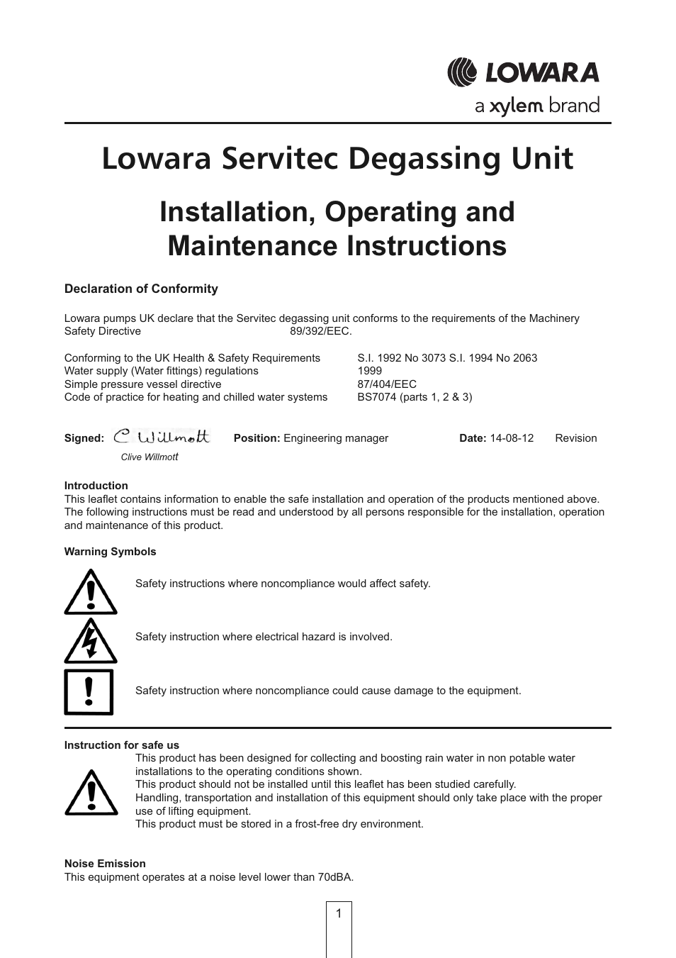 Xylem Lowara Servitec Degassing Unit OMI User Manual | 12 pages