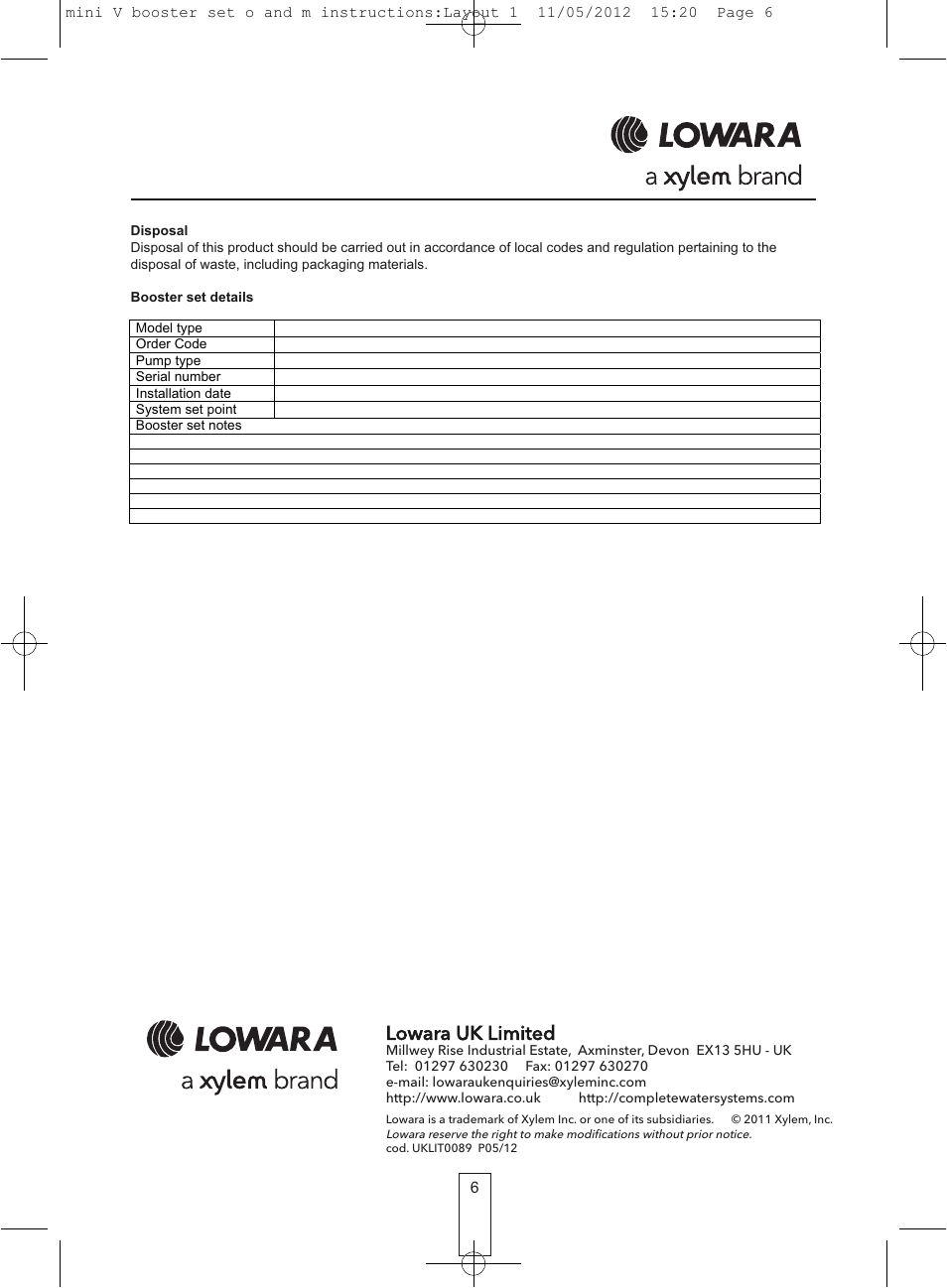Lowara uk limited | Xylem O&M Mini V Series Variable Speed User Manual | Page 6 / 6