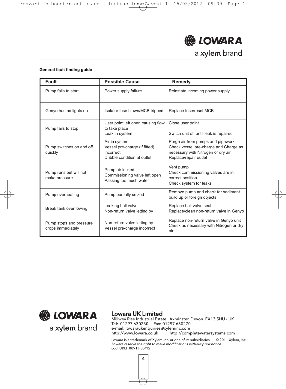 Lowara uk limited | Xylem Resfix Booster Set Fixed Speed User Manual | Page 4 / 4