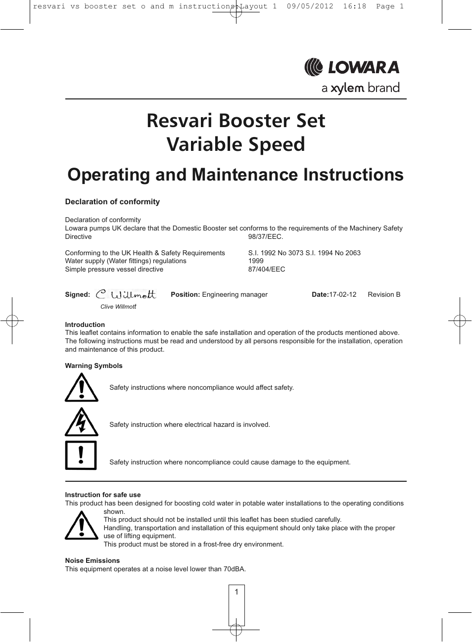Xylem Resvari Booster Set Variable Speed User Manual | 4 pages