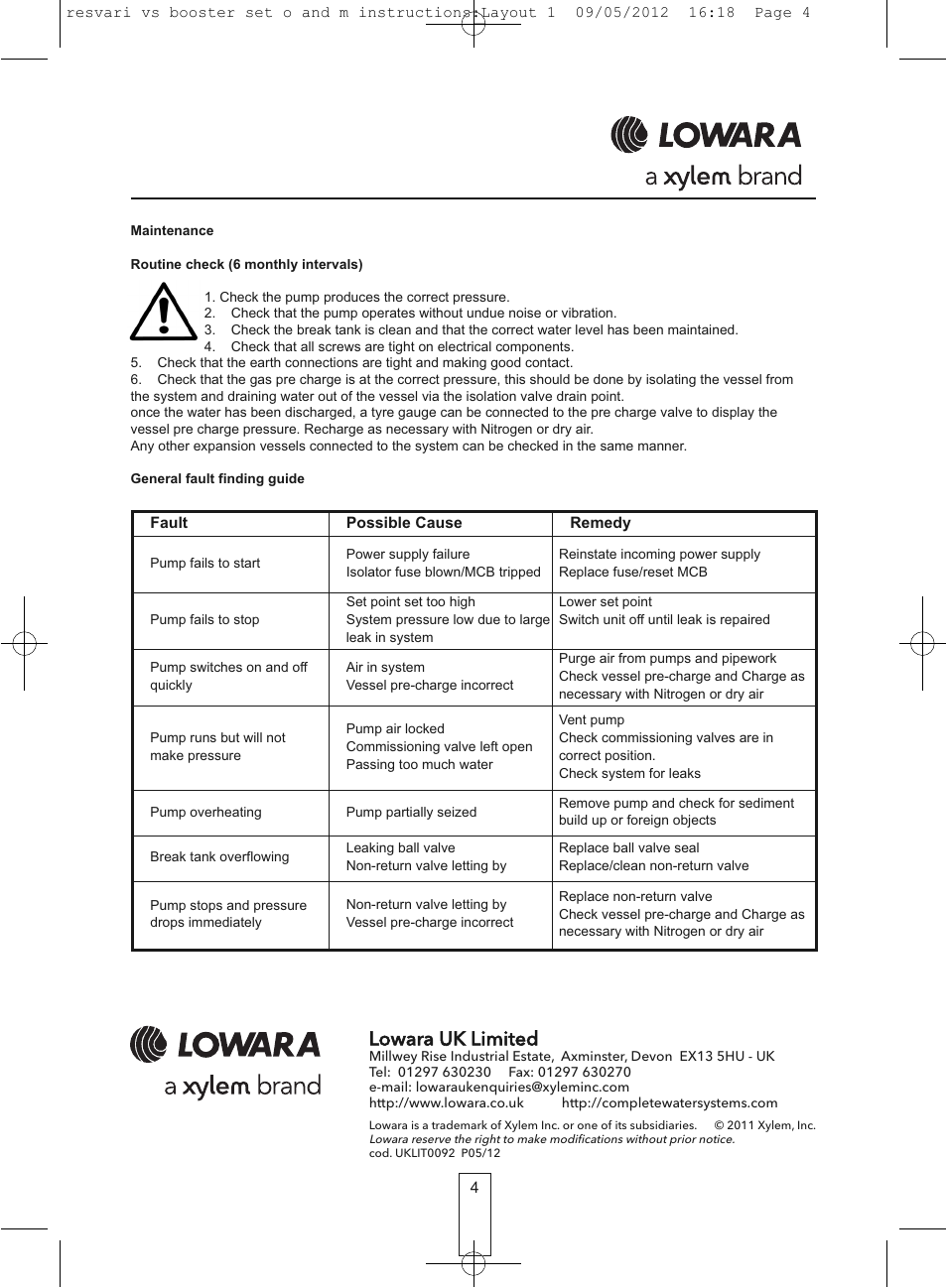 Lowara uk limited | Xylem Resvari Booster Set Variable Speed User Manual | Page 4 / 4