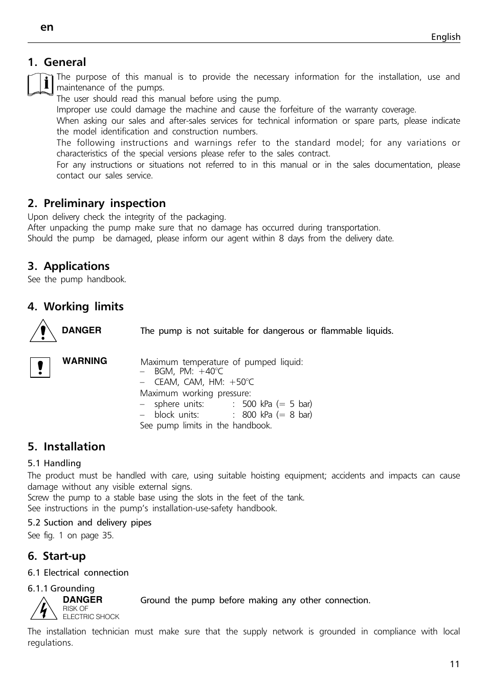 En 1. general, Preliminary inspection, Applications | Working limits, Installation, Start-up | Xylem Sphere and Block Units User Manual | Page 11 / 40