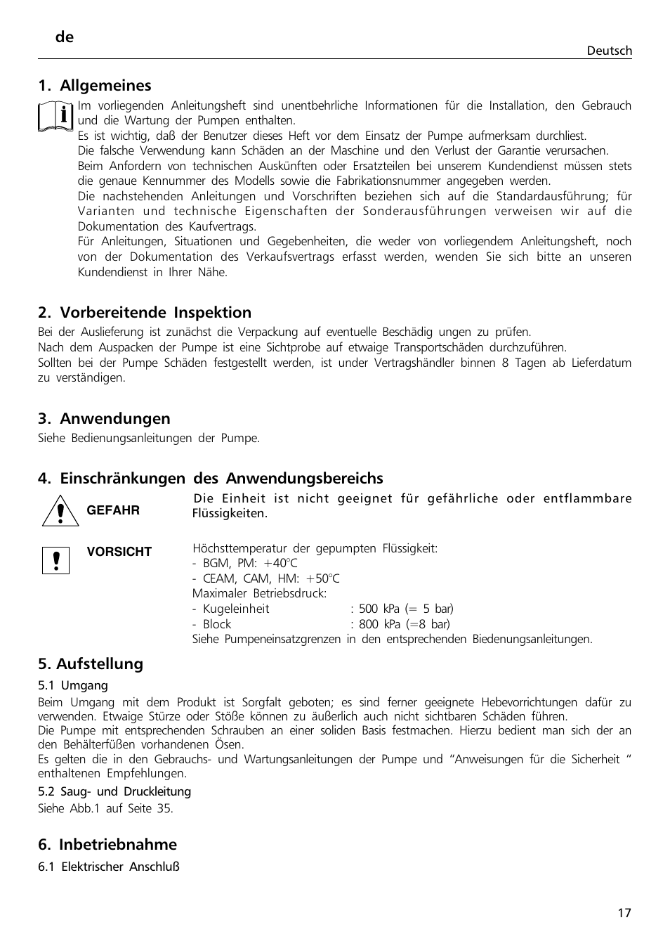 Allgemeines, Vorbereitende inspektion, Anwendungen | Einschränkungen des anwendungsbereichs, Aufstellung, Inbetriebnahme | Xylem Sphere and Block Units User Manual | Page 17 / 40