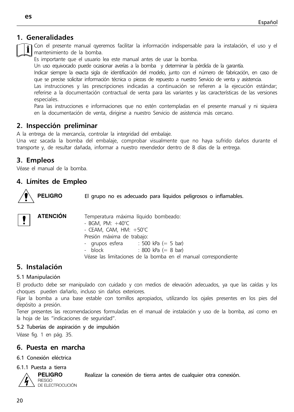 Generalidades, Inspección preliminar, Empleos | Límites de empleo, Instalación, Puesta en marcha | Xylem Sphere and Block Units User Manual | Page 20 / 40