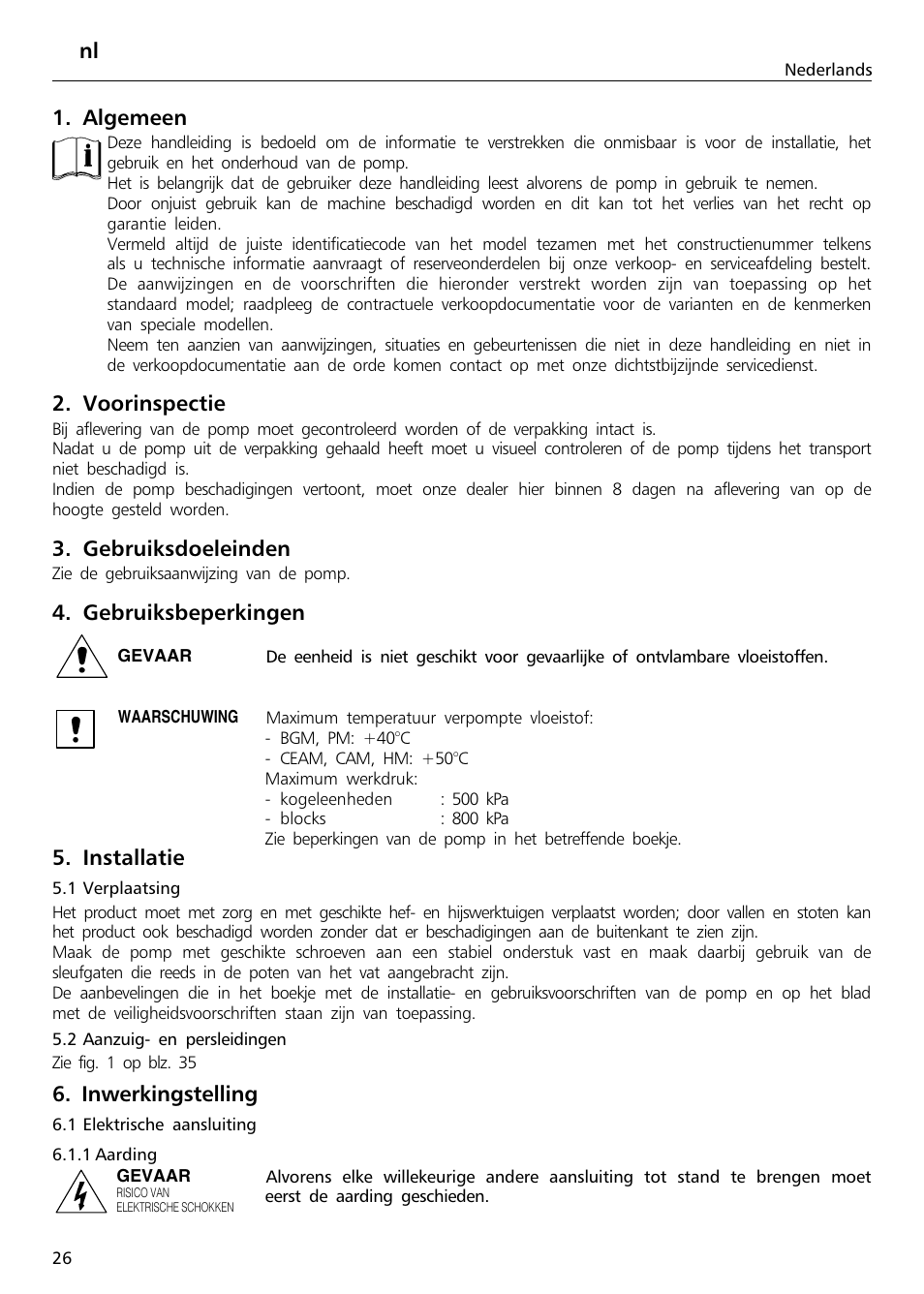 Nl 1. algemeen, Voorinspectie, Gebruiksdoeleinden | Gebruiksbeperkingen, Installatie, Inwerkingstelling | Xylem Sphere and Block Units User Manual | Page 26 / 40